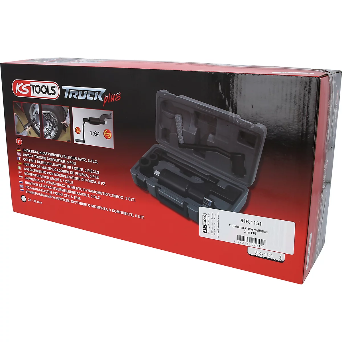 Werkzeugkoffer mit KS Tools-Logo und Produktbezeichnung. Innen liegen verschiedene Werkzeuge, die auf rotem Untergrund präsentiert werden.